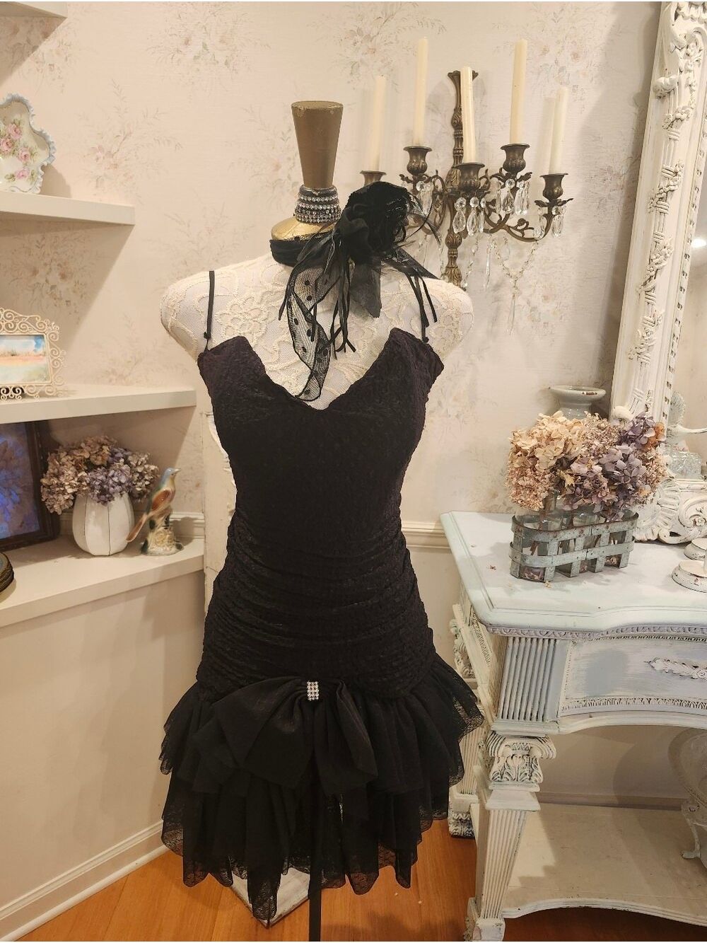 Vintage 80s Black Vampire Party Dress Ruched Tulle Bow Prom Cocktail Goth Size S